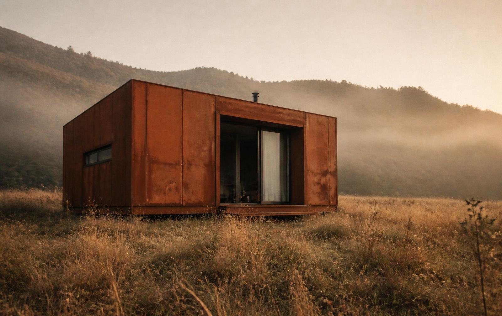 Modulo abitativo in acciaio Corten in un prato all'alba
